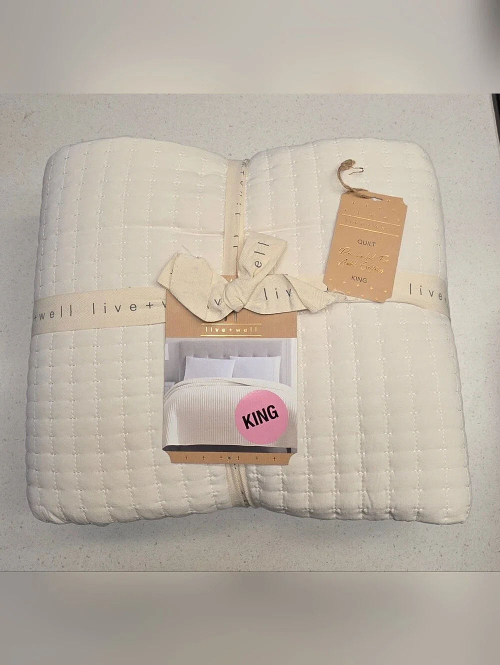LIVE & WELL Garment Washed Box Stitch Quilt KING Size Logan CREAM - NEW